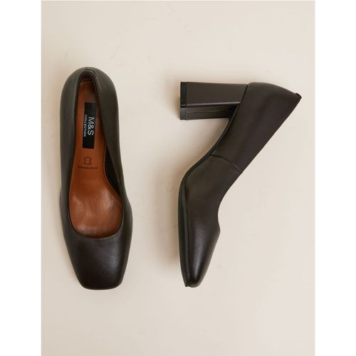 Leather Block Heel Square Toe Court Shoes brown - Marks & Spencer - Modalova