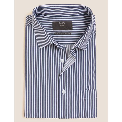 Regular Fit Pure Cotton Striped Short Sleeve Shirt navy - Marks & Spencer - Modalova