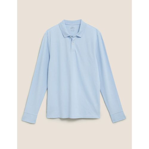 Pure Cotton Long Sleeve Polo Shirt blue - Marks & Spencer - Modalova