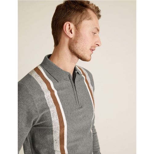 Cotton Striped Zip Neck Knitted Polo Shirt grey - Marks & Spencer - Modalova