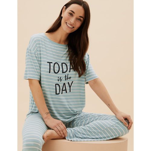 Slogan and Stripe Pyjama Set green - Marks & Spencer - Modalova