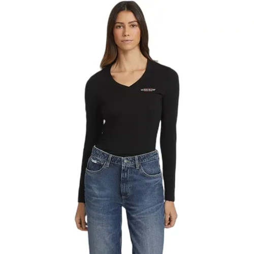 Das langärmlige Slim-Fit V-Ausschnitt T-Shirt Mini America für Frauen Guess ist die perfekte Kombination aus Stil und Komfort. Hergestellt von der b - MAG8490015 - Modalova