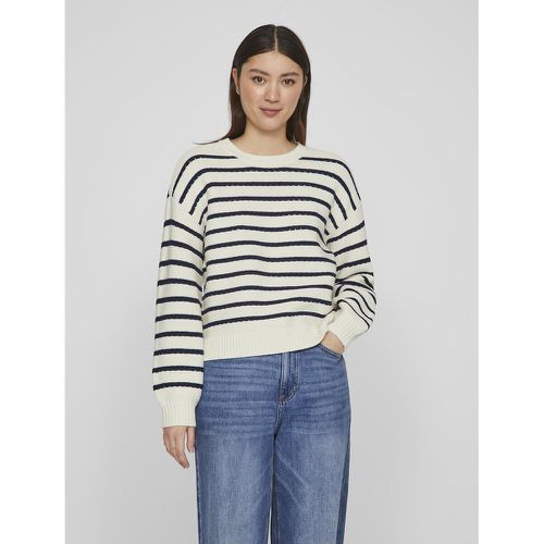 Striped Cotton Mix Jumper in Openwork Knit with Balloon Sleeves - Vila - Modalova