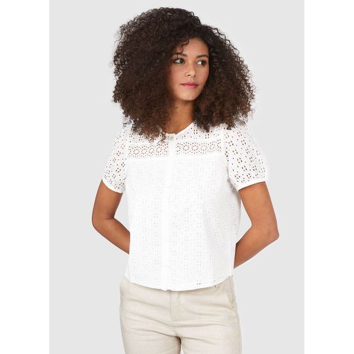 Cotton Buttoned Openwork Blouse with Crew Neck and Short Sleeves - ICODE - Modalova