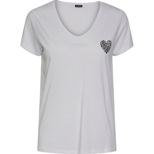 Heart Print Cotton T-Shirt with V-Neck - Pieces - Modalova