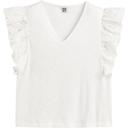 Cotton V-Neck T-Shirt with Embroidered, Ruffled Shoulders - LA REDOUTE COLLECTIONS - Modalova
