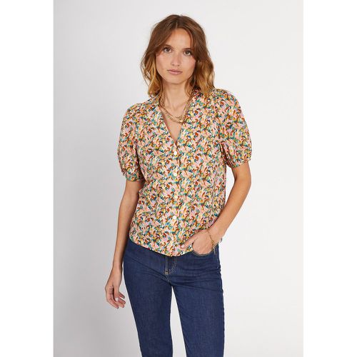 Floral Print Cotton Blouse with V-Neck and Short Sleeves - ICODE - Modalova
