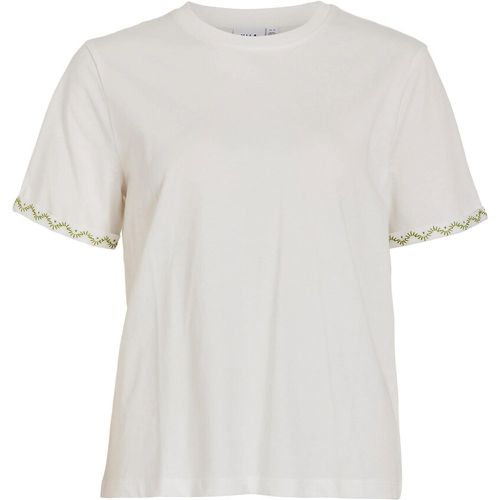 Organic Cotton T-Shirt with Short Embroidered Sleeves - Vila - Modalova