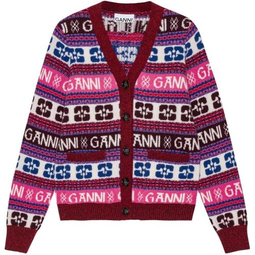 Cardigan in misto lana con logo rosa - Ganni - Modalova