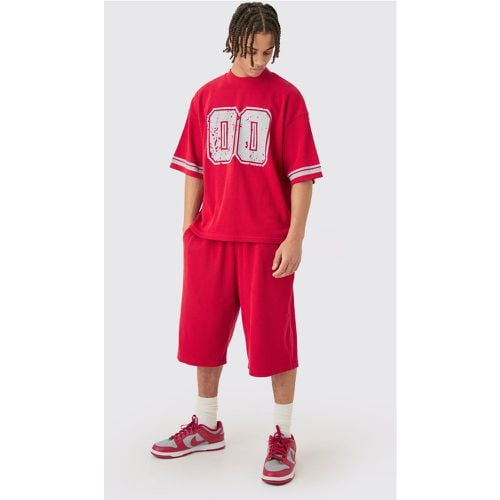 T-shirt squadrata oversize pesante con trama a nido d'ape stile Varsity & pantaloncini - boohoo - Modalova