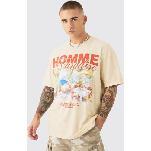 T-shirt oversize in lavaggio Homme con stampa Paradise - boohoo - Modalova