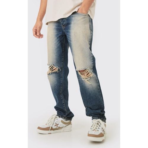 Jeans dritti slavati in denim rigido blu con strappi sul ginocchio - boohoo - Modalova