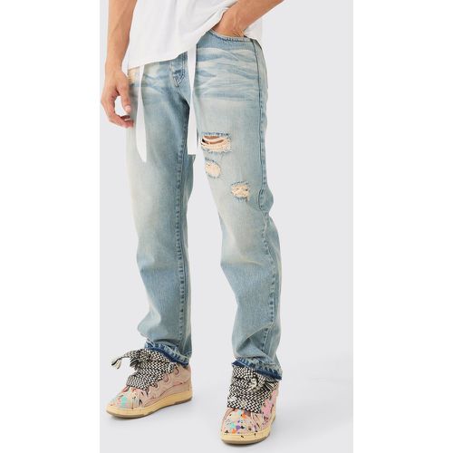 Relaxed Rigid Ripped Let Down Hem Jeans With Extended Drawcords In Antique Blue - boohoo - Modalova