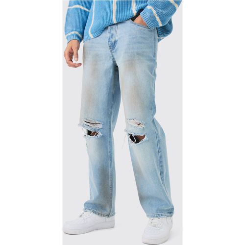 Baggy Rigid Ripped Knee Dirty Wash Jeans In Light Blue - boohoo - Modalova