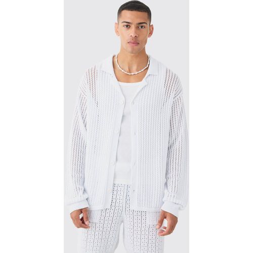 Relaxed Crochet Open Knit Long Sleeve Shirt In White - boohoo - Modalova