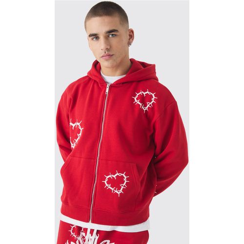 Sudadera Oversize Recta Con Capucha Y Cremallera Con Estampado De Corazones - boohoo - Modalova