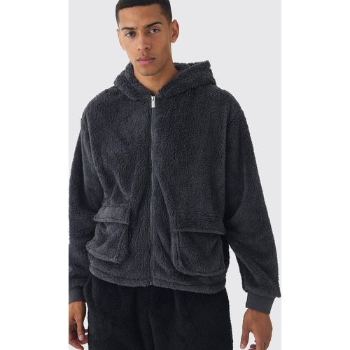 Oversized Boxy Cargo Pocket Zip Through Teddy Borg Hoodie - boohoo - Modalova