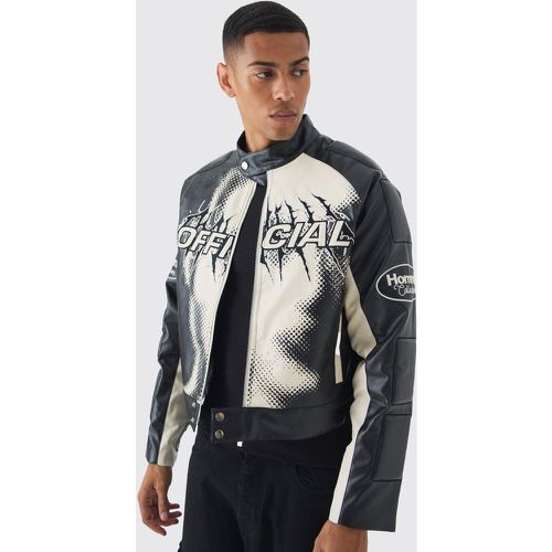 Chaqueta Recta Negra Official De Cuero Sintético Con Estampado De Motociclismo - boohoo - Modalova