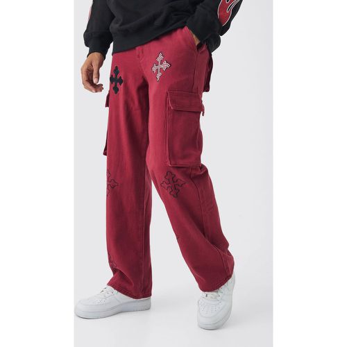 Pantaloni Cargo rilassati in twill con vita fissa e applique incrociate - boohoo - Modalova