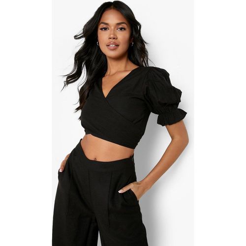 Crop top scaldacuore in lino, Nero - boohoo - Modalova