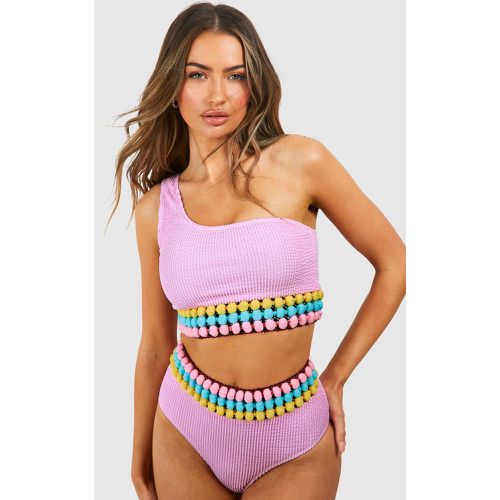 Set bikini monospalla effetto goffrato con striscia e pon pon - boohoo - Modalova