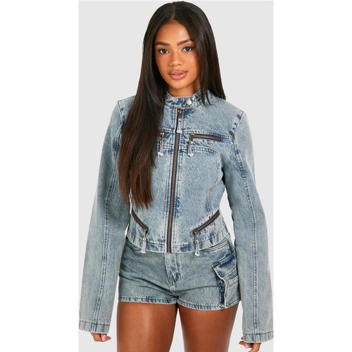 Giacca da moto in denim Slim Fit con zip - boohoo - Modalova