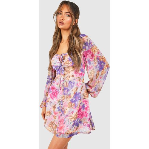 Vestido Mini Estilo Mesonera De Chifón Con Estampado De Flores Y Mangas De Globo - boohoo - Modalova