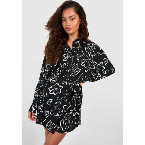 Mono Floral Batwing Belted Shirt Dress - boohoo - Modalova