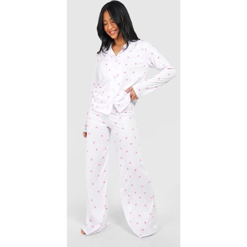 Petite Bow Print Pyjama Set, Bianco - boohoo - Modalova