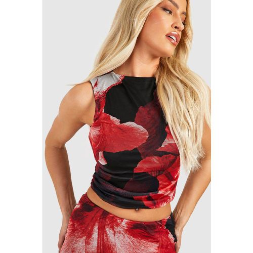 Top De Malla Fruncido Con Estampado De Flores - boohoo - Modalova