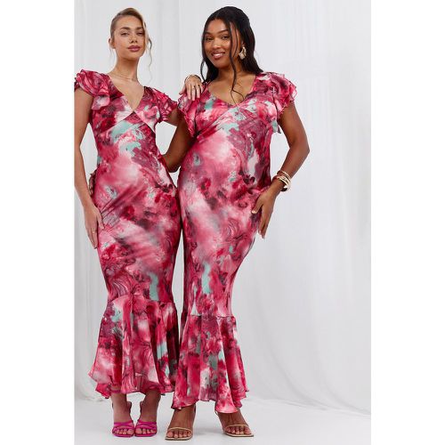 Vestito maxi Plus Size in raso marmorizzato con maniche arricciate - boohoo - Modalova