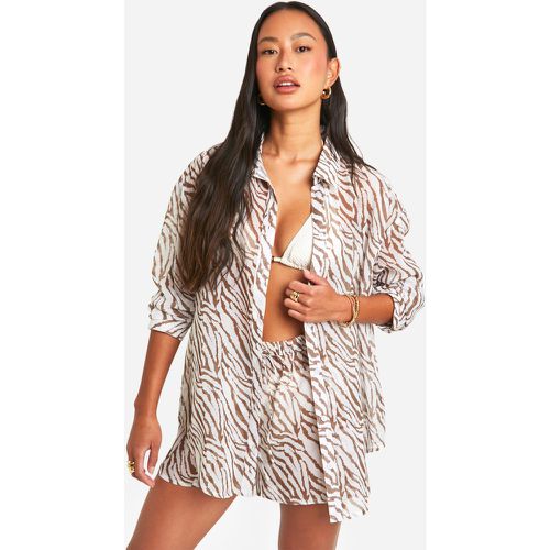 Camisa Para La Playa De Chifón Con Botones Y Estampado De Tigre - boohoo - Modalova