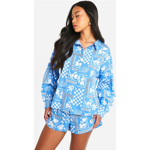 Printed Oversized Shirt, Azul - boohoo - Modalova