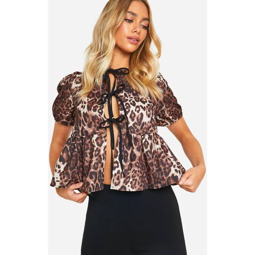 Blusa De Leopardo Con Mangas Abullonadas Y Lazo En Contraste - boohoo - Modalova