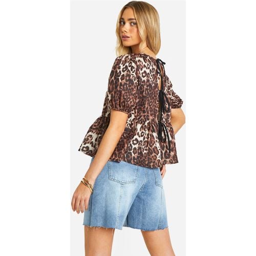 Blusa De Leopardo Con Mangas Abullonadas Y Atadura En La Espalda - boohoo - Modalova