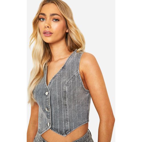 Gilet in denim con strass, Grigio - boohoo - Modalova