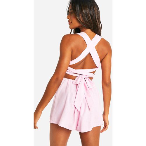 Lace Back Linen Look Playsuit, Pink - boohoo - Modalova