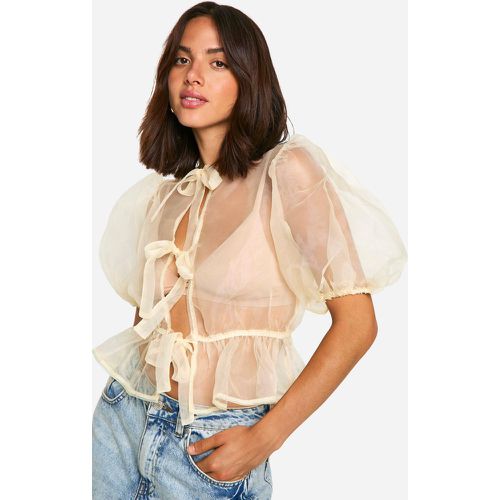 Top in organza con laccetti frontali e maniche a sbuffo - boohoo - Modalova