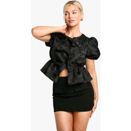 Top Holgado De Jacquard Con Atadura Frontal Y Mangas Abullonadas - boohoo - Modalova