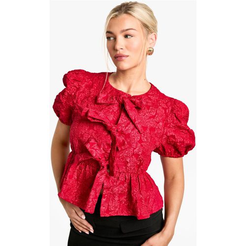 Top Holgado Texturizado De Jacquard Con Estampado De Flores Y Mangas Abullonadas - boohoo - Modalova