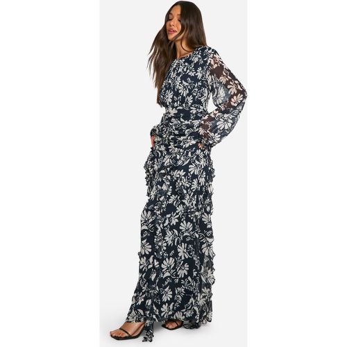 Vestido Maxi De Chifón Fruncido Con Volante Y Estampado De Flores - boohoo - Modalova