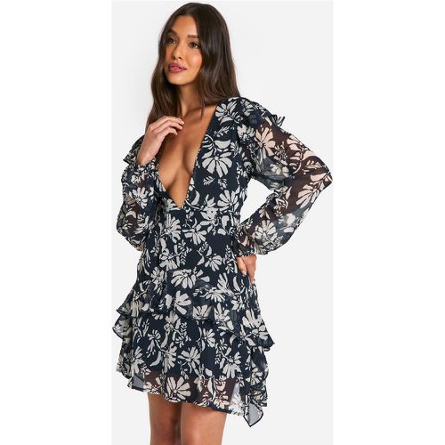 Vestido Holgado De Chifón Fruncido Con Volante Y Estampado De Flores - boohoo - Modalova