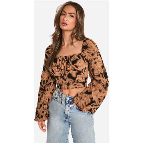 Top Estilo Mesonera Estilo Corsé Con Tiras Cruzadas Y Estampado De Flores Difuminadas - boohoo - Modalova