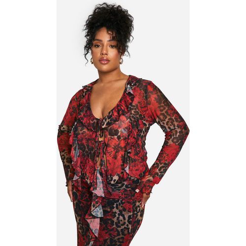 Top Plus Size in rete con stampa leopardata e arricciature - boohoo - Modalova