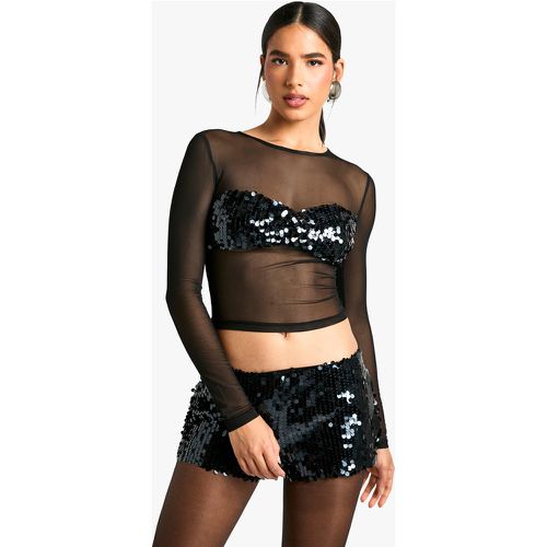 Top a maniche lunghe in rete con paillettes sul busto - boohoo - Modalova