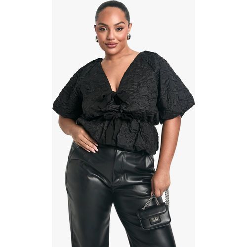 Top svasato Plus Size in jacquard con laccetti frontali e maniche a palloncino - boohoo - Modalova