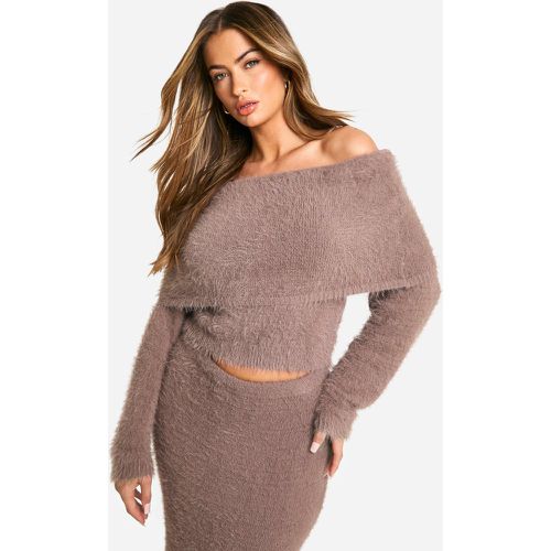 Fluffy Knitted Bardot Fold Over Jumper - boohoo - Modalova