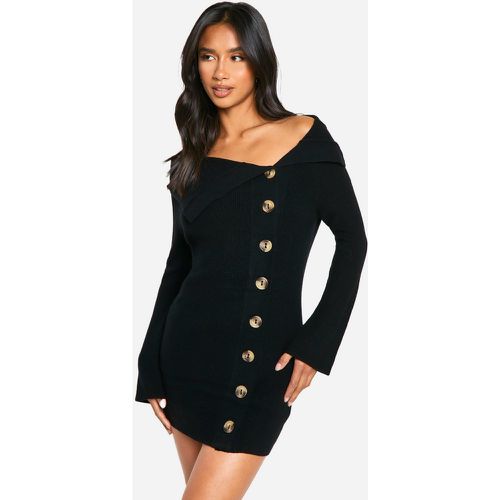 Vestido Petite Mini De Punto Y Canalé Premium Con Solapa Y Botones - boohoo - Modalova