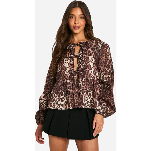 Top Holgado De Manga Larga Abullonada Con Atadura Frontal Y Estampado De Leopardo Oscuro - boohoo - Modalova