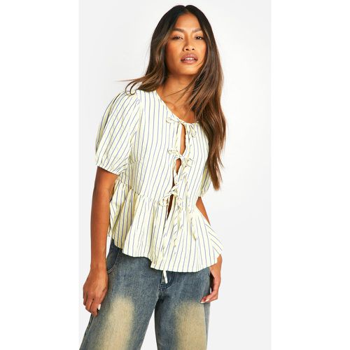 Top svasato a righe color limone con laccetti frontali e maniche a sbuffo - boohoo - Modalova